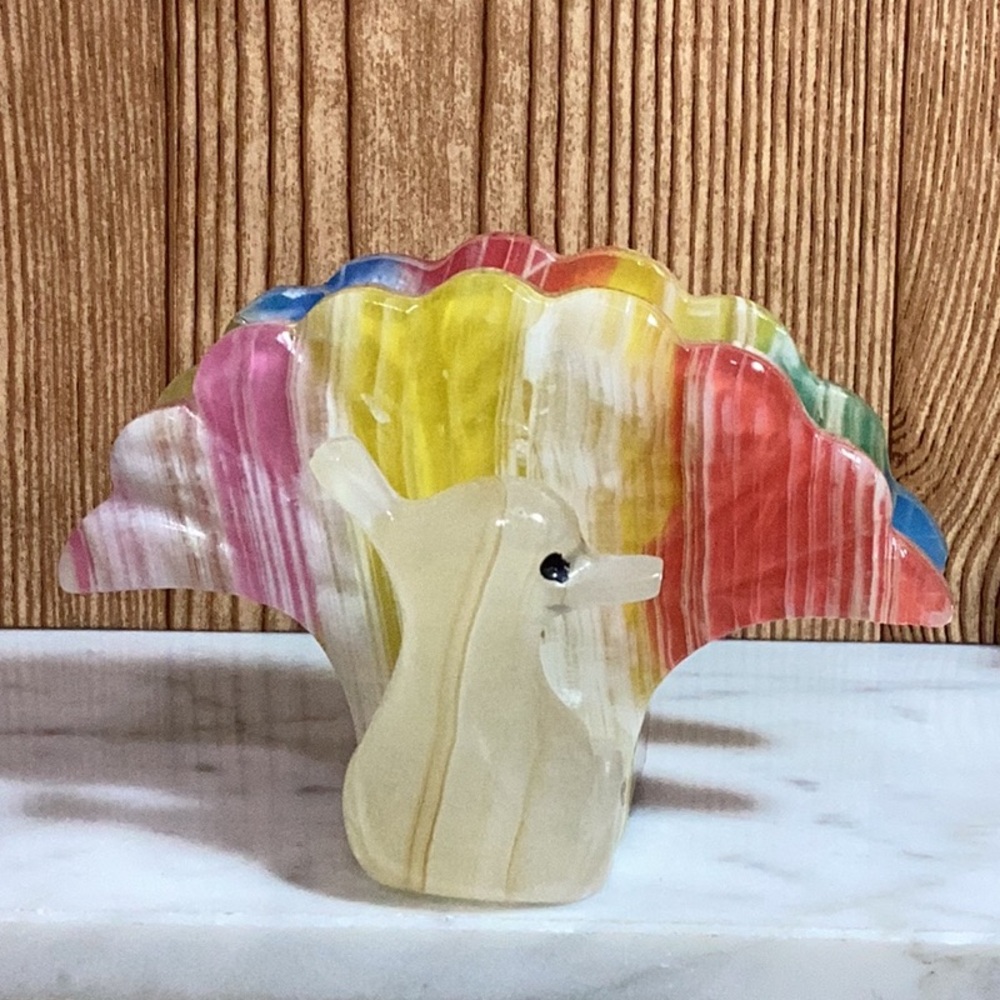 Hand Carved Onyx Stone Peacock Napkin Or Letter Holder Figurine